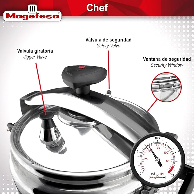 MAGEFESA Chef 23-Quart Aluminum Pressure Cooker – Stainless Steel Lid, Thermodiffusion Base, 3 Safety Systems, Fast & Even Cooking