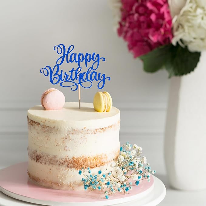 Happy Birthday Cake Toppers 9 Inch Glitter Happy Birthday Cake Pick for Birthday Anniversary Theme Party Cake Decorations Supplies - Dark Blue