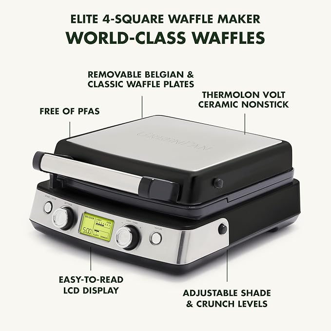 GreenPan Elite 4-Square Belgian & Classic Waffle Maker, Healthy Ceramic Nonstick Aluminum Dishwasher Safe Plates, Adjustable Shade/Crunch Control, Wont Overflow,Easy Cleanup Breakfast,PFAS-Free,Black