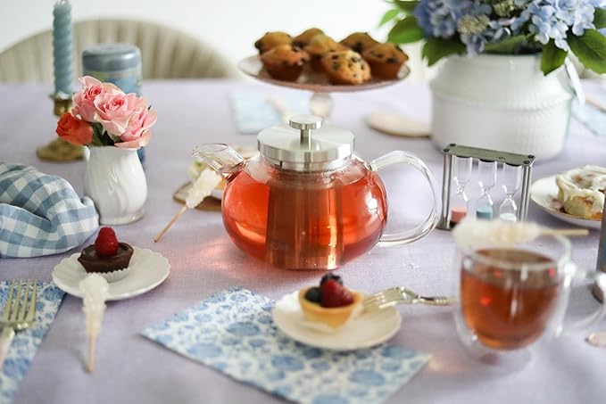 Teabloom Connoisseur Glass Teapot with Stainless Steel Infuser for Loose Tea – 4-Cup Capacity, Stovetop-Safe, Durable Borosilicate Glass, Perfect for Hot and Iced Tea