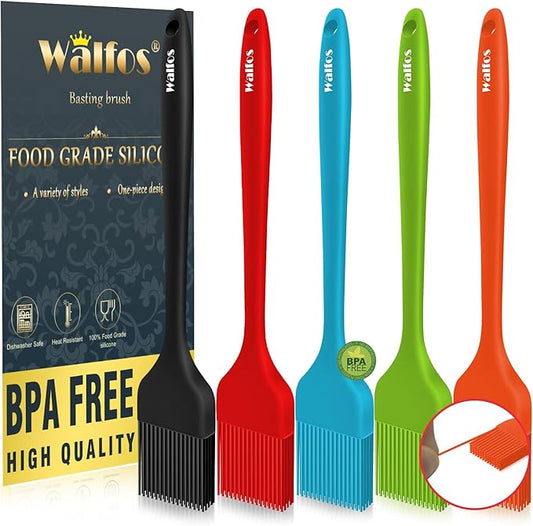 Walfos Silicone Pastry Brush, Heat Resistant Basting Brush Set, Perfect for Baking,BBQ Grill,Kitchen Cooking,Strong Steel Core and One-Pieces Design,BPA Free and Dishwasher Safe (5 Pcs)