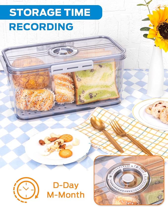 Dynta Bread Box 2 Pack Bread Storage Container Airtight Recording Time Bread Box for Kitchen Countertop Plastic Bread Keeper with Lid for Homemade Bread, Toast, Loaf, Cookies