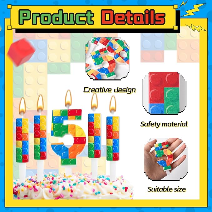 7 Pcs Building Block Themed Birthday Candles Set Building Blocks Number 5 Candle Cake Topper for Building Block Party Decoration Supplies (Number 5)