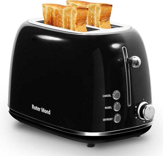 2 Slice Toaster Retro Stainless Steel with Bagel, Cancel, and Defrost Functions, 6 Bread Shade Settings, Extra Wide Slots and Removable Crumb Tray, Black