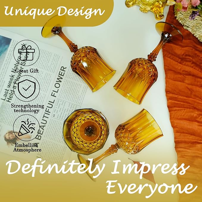 Plastic Wine Glasses，Plastic Goblets Vintage Style Cordial Drinking Glasses for Wedding Reception, Grand Event Party Supplies (12, Amber)