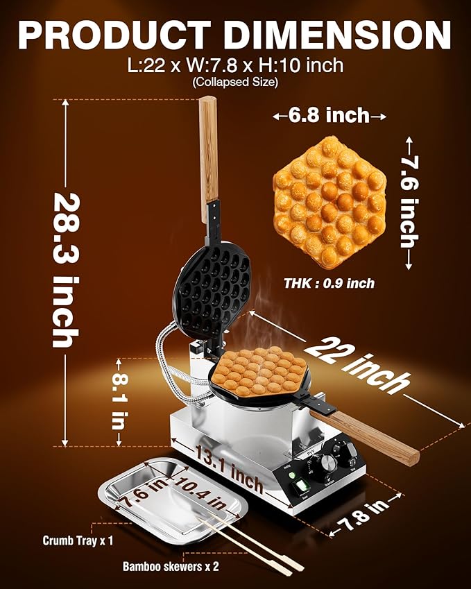 PYY Bubble Waffle Maker - Commercial Egg Puff Waffle Iron Machine, 180° Rotating, Non-stick Coating, 1500W Hong Kong Electric Stainless Steel, 122-482℉, 30 Egg Cones