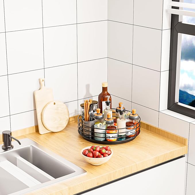 Snack Organizer - Versatile Snack Storage, Lazy Susan with Convenient Grab-and-Go Design, Metal Snack Holder for Home, Office, Breakroom, 11.85" L x 11.85" W x 4.17" H (Matte Black)