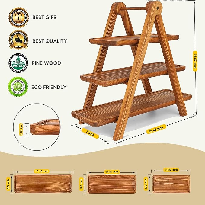 Wooden 3 Tier Serving Tray, Detachable Cupcake Stand, Rectangle Serving Platter Three Tiered Stand,Fruit,Appetizer,Dessert Decorative Tray Decor Party Food Table Display