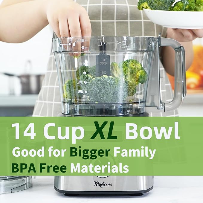 14-Cup Lemon Slicer Food-Processor - Large Feed Chute, 13 Speeds & Pulse, 3 Programs，Cheese Shredding, Cutting Fries, Meat Chopping, Shredding and Slicing, Mixing and Doughing, for Home Use