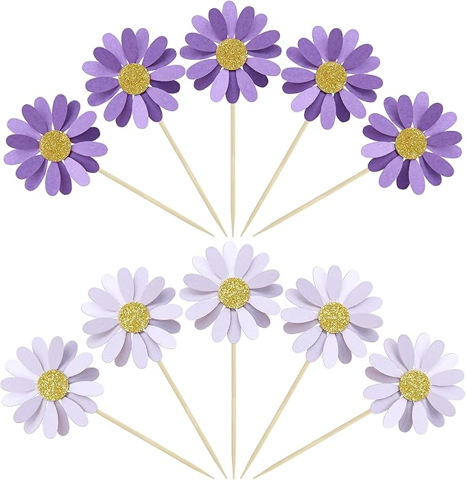 Ephlyn 24Pcs Purple Daisy Cupcake Toppers Flower Cake Toppers Daisy Cake Decorations Chrysanthemum Cupcake Toppers Spring Daisy Flower Cake Picks for Birthday Wedding Supplies