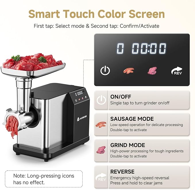 AAOBOSI Meat Grinder Electric 3000W Max with Touch Color Screen, Auto-Reverse & Built-in Storage - 3 Speed Settings,Grinding, Sausage & Kibbe Making for Home Use, Stainless Steel