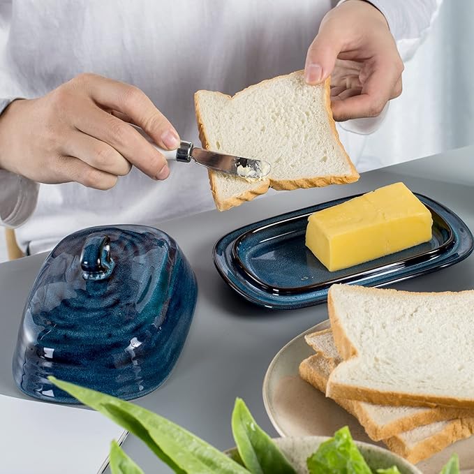 Hasense Porcelain Butter Dish with Lid, Covered Butter Container with Handle Design for Countertop, Blue