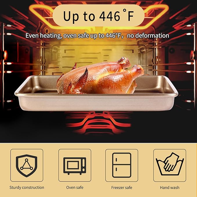 Baking Sheet Tray 9 x 11 Inch Cookie Sheet Nonstick, 2-Pack Heavy Duty Small Baking Pans, Carbon Steel, Gold - Bakeware Sets for Cookies, Roasting, Oven Safe, Easy to Clean