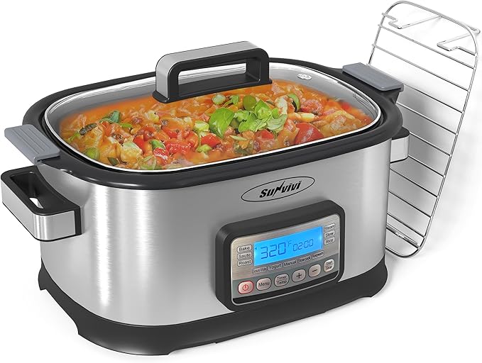 Sunvivi 6.5 Quart Slow Cooker Roaster Oven：11 in 1 programmable Multi-Cooker Food Warmer with Digital Timer, Temp Control, Removable Nonstick Cast Aluminum Pot & Dishwasher-Safe Tempered Glass Lid