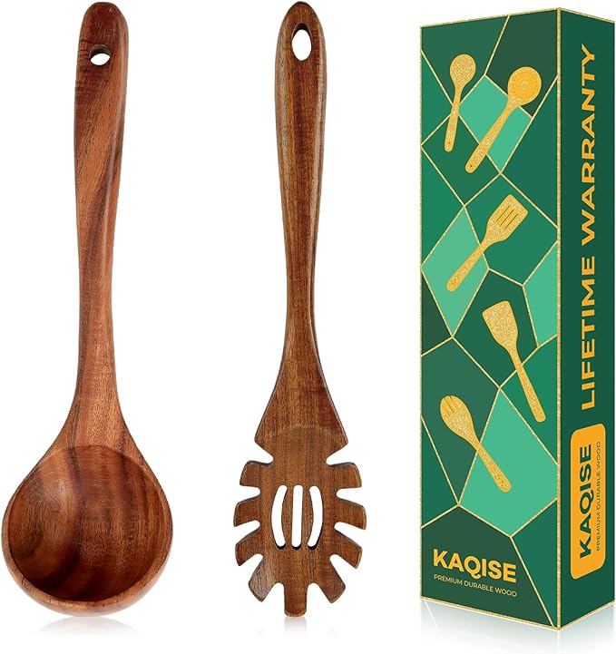 Wooden Spoons for Cooking, 2Pcs Wooden Kitchen Utensils, Wooden Pasta Fork and Ladle for Spaghetti, Nostick Teak Wood Utensil Set for Cooking (Ladle & Spaghetti Server)