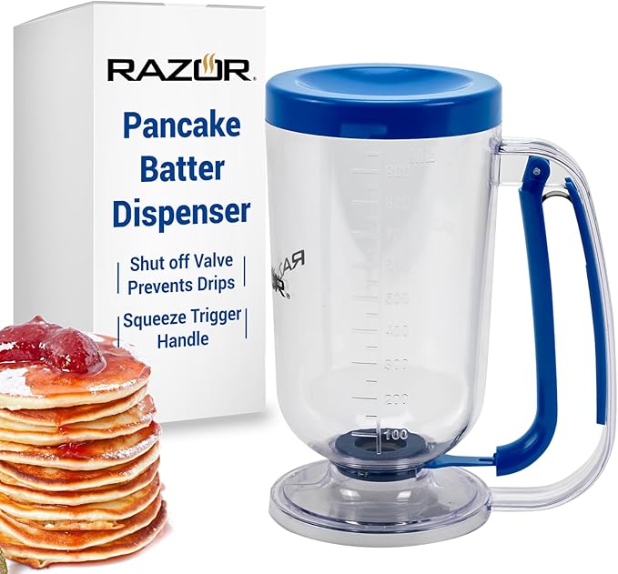 RAZOR Pancake Batter Dispenser, Pancakes & Waffles Batter Dispenser for Cakes, Muffins, Crepes, Cupcake for Baking, Cooking on Stovetop, Griddles, Prevents Drip, Easy Squeeze Trigger Handle Dispensers