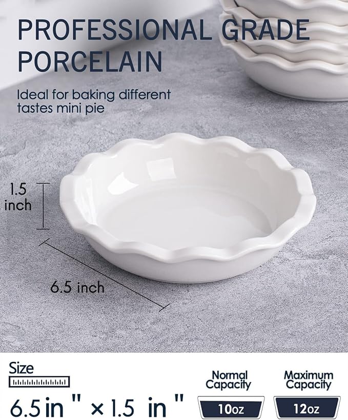 Ceramic Mini Pie Pans, 6.5 Inch Individual Small Pie Pans, 12 Oz Pie Dish Ramekins for Baking Chicken Pot Pie, Quiches, Fruit Pies, Set of 6, White