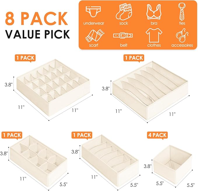 Drawer Organizer Clothes, 8 Pack Dresser Organizer Bins for Baby Clothes, Underwear Sock, Fabric Closet Organization and Storage Dividers for Nursery Bedroom (48 Compartments, Beige)