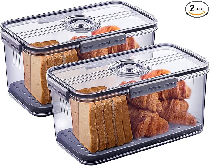 2Pcs Bread Box Bread Boxes for Kitchen Counter Airtight, Double Time Recording Bread Storage Container with Lid, 2 Bread Keeper for Homemade Bread, Toast, Bagel, Donut and Cookies, Grey