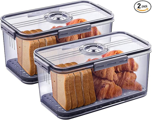 2Pcs Bread Box Bread Boxes for Kitchen Counter Airtight, Double Time Recording Bread Storage Container with Lid, 2 Bread Keeper for Homemade Bread, Toast, Bagel, Donut and Cookies, Grey