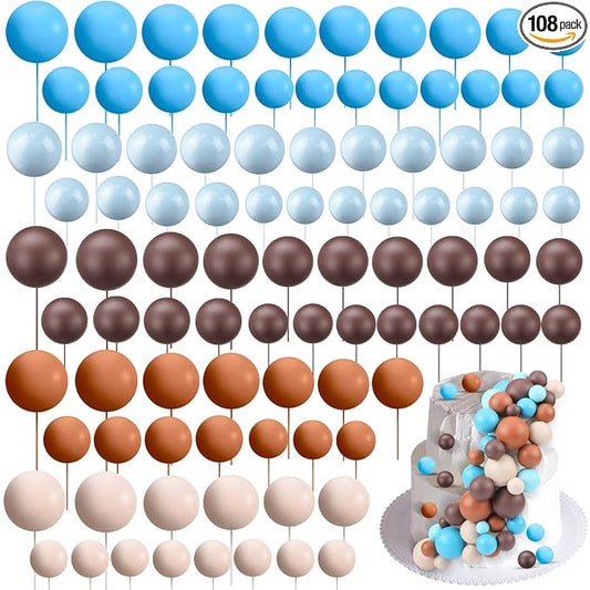 108 Pcs Balls Cake Topper DIY Cupcake Insert Foam Balloons for Cake Baking Wedding Anniversary Birthday Decoration(Retro Colors,Multi Sizes)