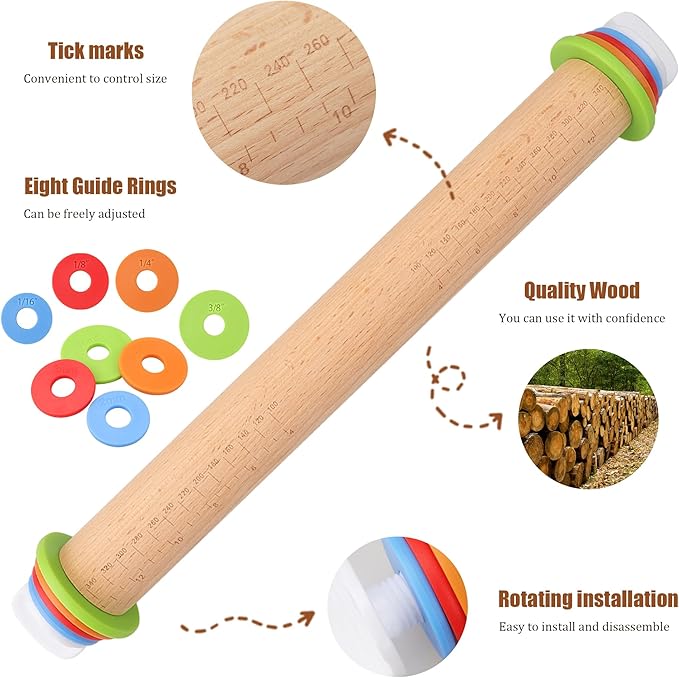 Adjustable Rolling Pin with Thickness Rings -17INCH Wood Dough Roller for Perfect Baking, Fondant & Cookies Ideal Rolling Pin for Dough & Cookie Decorating Supplies