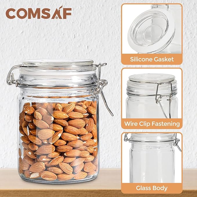 ComSaf Airtight Glass Canister with Lid Set of 6, 25oz Food Storage Jar, Mason Jars, Storage Container with Seal Wire Clamp Fastening for Kitchen Fermenting Preserving Canning Pasta Flour Cereal