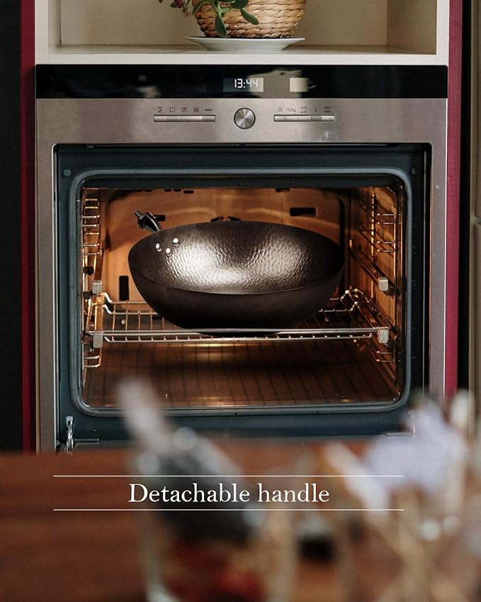 12.5" Wok Pan- Woks and Stir Fry Pans, Carbon Steel Wok, Flat Bottom Wok with Lid Suits for all Stoves