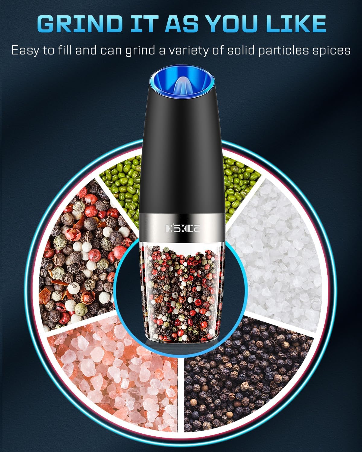 XinXu Gravity Electric Pepper and Salt Grinder Set, Adjustable Coarseness, with LED Light, One Hand Automatic Operation (Set/Black L)
