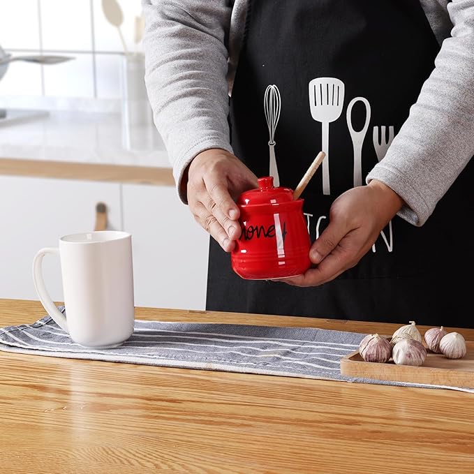 ONTUBE Honey Jar with Dipper and Lid, Ceramic Honey Pot 12oz (Red)