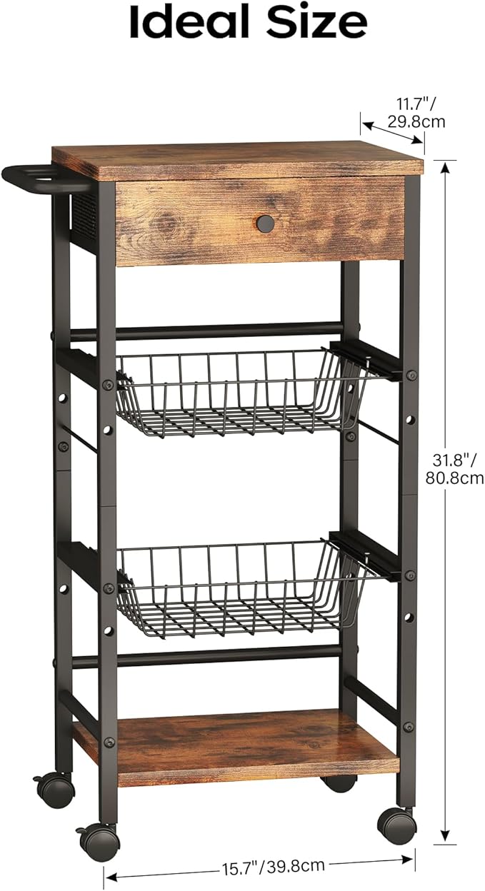 Kitchen Organizer and Storage Cart with Fabric Drawer and Convenient Handle, Snack Organizer Cart with 2 Pull-Out Baskets and 2 Storage Shelves, Rolling Kitchen Cart for Fruit Potato Onion Vegetable