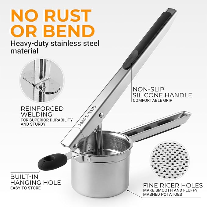 Potato Ricer Stainless Steel, Large Potato Masher 15oz, Heavy Duty Ricer Kitchen Tool for Perfect Mashed Potatoes, Potato Press and Mash Kitchen Gadget, Spaetzle Maker for Noodle
