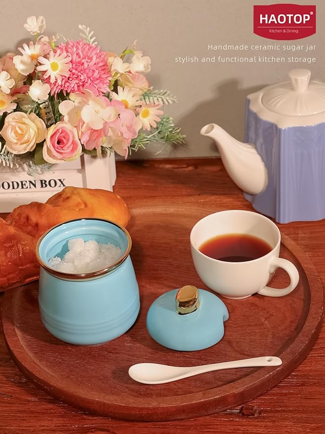 HAOTOP 12oz Sugar Bowl with Lid and Spoon,Simple Ceramic Sugar Jar Sugar Container Sugar Dispenser Coffee Bar Accessories, Modern Kitchen Countertop Canisters, Turquoise