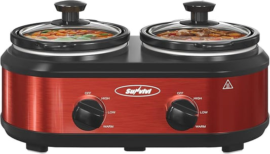 Sunvivi Double Slow Cooker,2 Pot Small Mini Crock Buffet Servers and Warmer,Dual Pot Oval Manual Slow Cooker with Adjustable Temp Removable Ceramic Pot,Stainless Steel, Total 2 * 1.25 Quarts Red