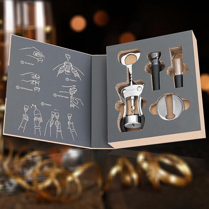 Beneno Multifunctional Wine Bottle Opener Gift Set - Wing Corkscrew, Foil Cutter, Vacuum Stopper & Aerator Pourer, Perfect for Wine Lovers Man Woman, Silver Set