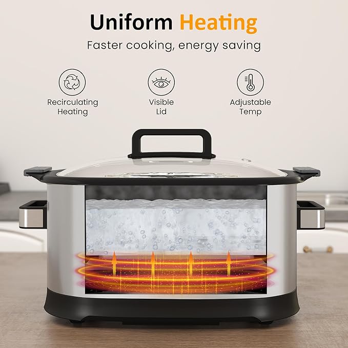 Sunvivi 6.5 Quart Slow Cooker Roaster Oven：11 in 1 programmable Multi-Cooker Food Warmer with Digital Timer, Temp Control, Removable Nonstick Cast Aluminum Pot & Dishwasher-Safe Tempered Glass Lid