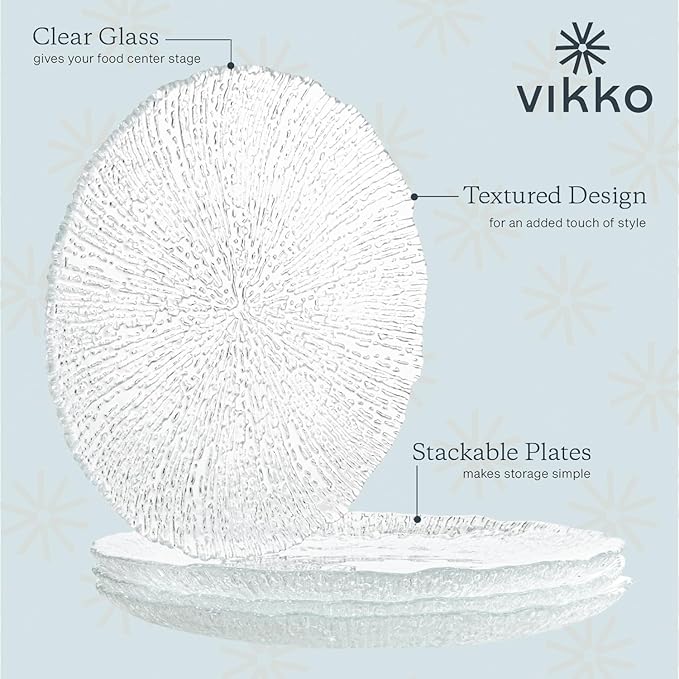 Vikko Salad Plate, Set of 6 Glass Plates, 8.5 Inch Dessert, Salad, Appetizer Plate, Elegant Textured Glass Design, Stackable Plates For Special Occasion, Dishwasher Safe