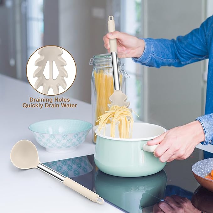 TeamFar Silicone Soup Ladle and Pasta Fork Set, 2 Pcs Large Nonstick Kitchen Cooking Utensils with Stainless Steel Handle for Draining, Serving Soup, Sauce, Spaghetti, Non-Toxic & Heat-Proof, Khaki