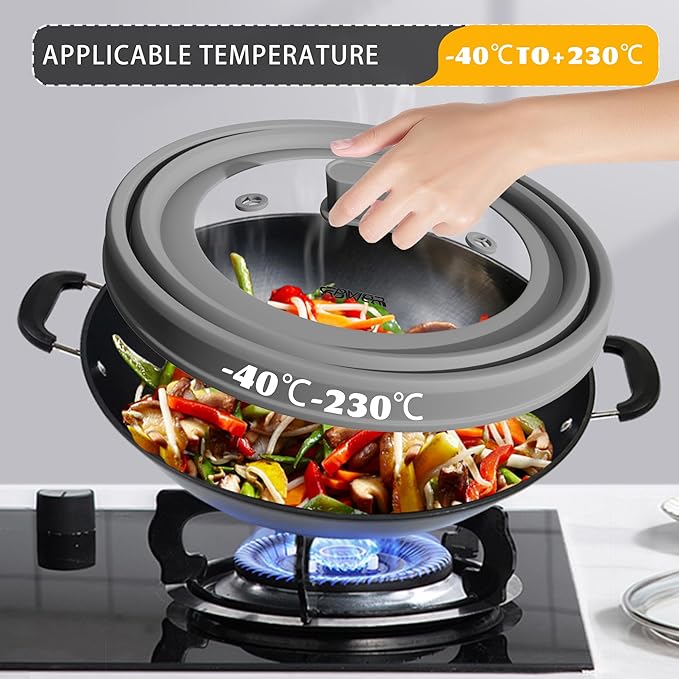 Microwave Splatter Cover, Vented Silicone and Glass Cover Splatter Guard Lid, Food Collapsible Plate Cover Lid with Easy Grip Handle. (Gray, 10.8 inch)