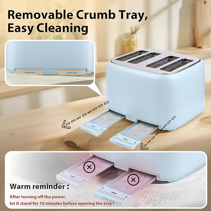 4-Slice Toaster 1.5" Extra Wide Slot Stainless Steel with High Lift Lever, 6 Presets & Bagel/Defrost/Cancel Function, Removal Crumb Tray, Under Base Cord Storage, Blue