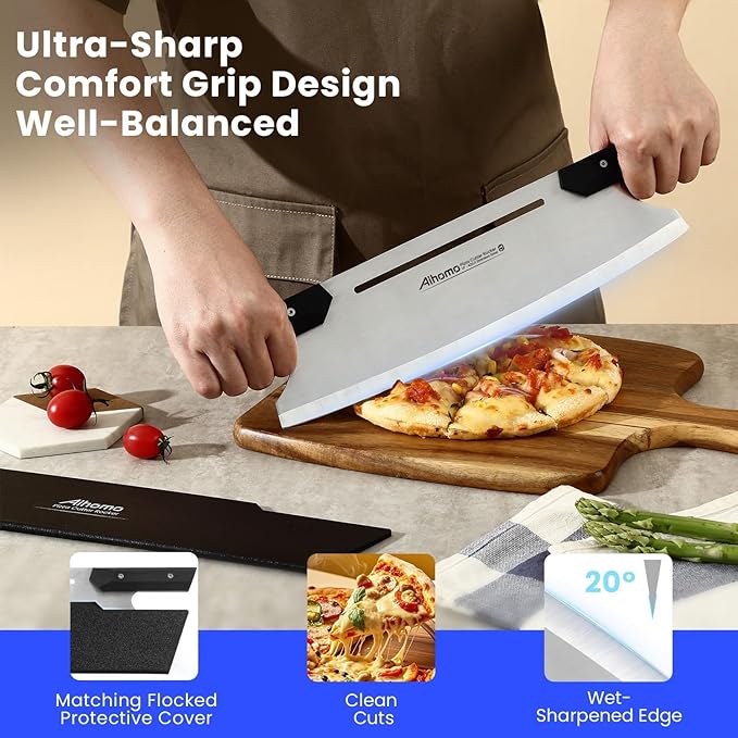 16 Inch Pizza Cutter Rocker Blade, Sharp Pizza Rocker Knife 420J1 Japanese Stainless Steel, Dishwasher Safe Pizza Cutter Slicer with Protective Cover, Multipurpose for Pizza, Cheese, Cake