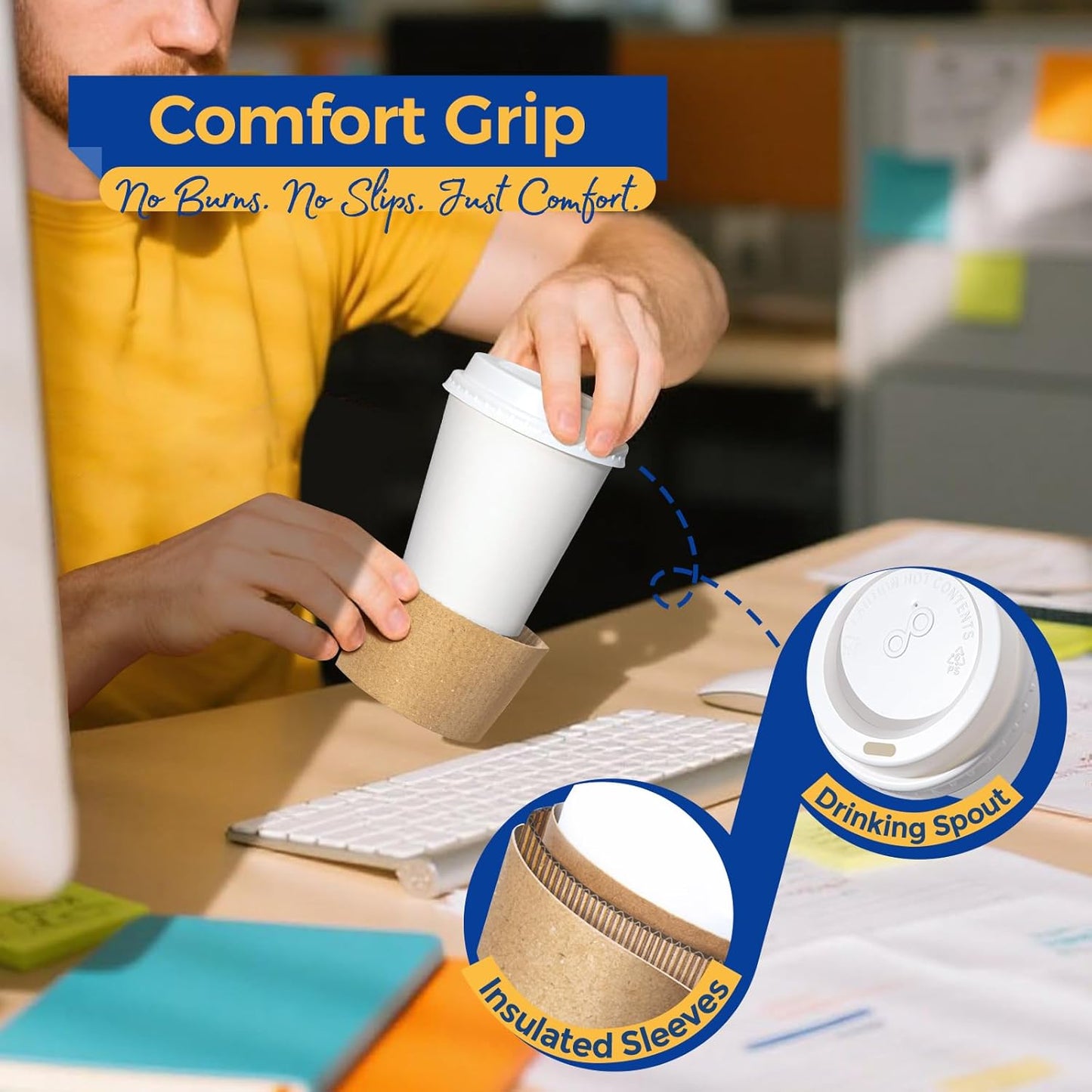 Fit Meal Prep 100 Pack 8 oz Disposable Coffee Cups with Lids, Sleeves, Leak-Proof To Go Coffee Cups with Lids, Durable Hot Paper Cups for Home, Office, Party, Business