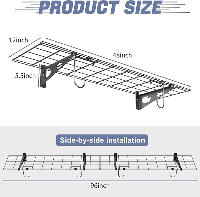 WALMANN 2 Pack Garage Wall Shelves, 1 x 4 ft/12 * 48 inch Wall Mounted Storage Shelves for Garage Heavy Duty Floating Shelving, Holds Up to 220 lbs(Black)