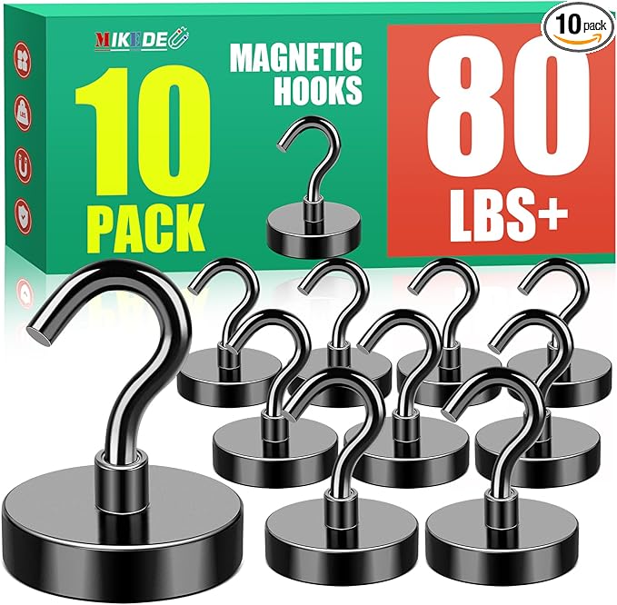 MIKEDE Black Magnetic Hooks, 80Lbs Heavy Duty Earth Magnets with Hooks for Cruise Cabin, Strong Magnet Hooks for Hanging, Super Metal Magnetic Hanger for Grill, Fridge, Kitchen - Pack of 10