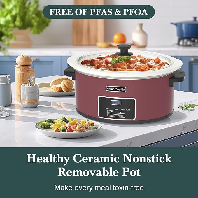 HOMECOOKIN 8-Quart Programmable Slow Cooker with Timer Keep Warm - Small Kitchen Appliance for Family Dinners - Serves 6+ People (Red Shell + White Ceramic Liner)