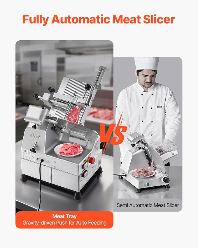 VEVOR Automatic Meat Slicer, 500W Electric Deli Slicer Machine with 10 inch Sharp 75Cr1 Steel Blade, 0-0.67 inch Adjustable Thickness, 633 RPM Fast Slicing, for Frozen Meat, Hard Cheese, and Bread