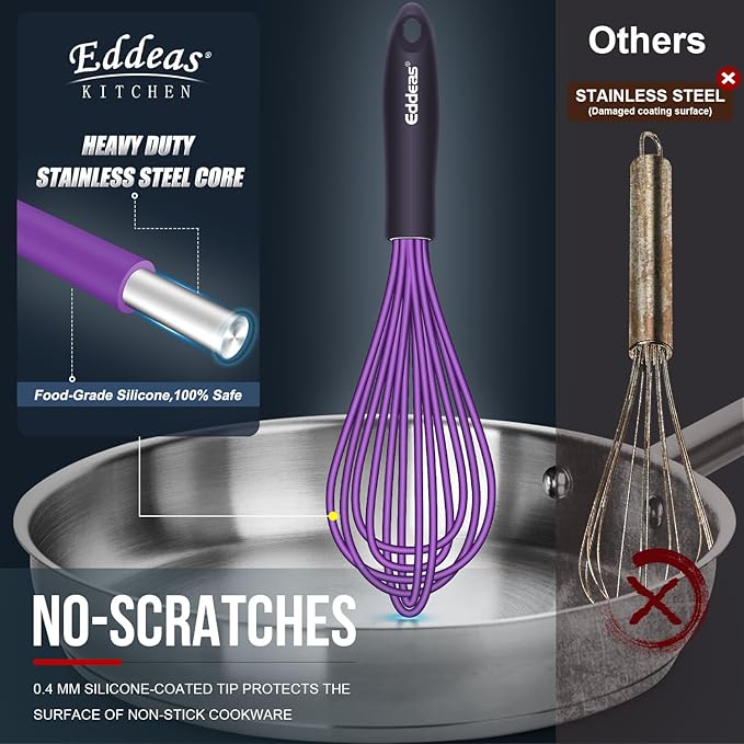 Silicone Whisk, 500°F Heat Resistant Non Scratch Coated Whisks for Cooking Baking Balloon wisk, Kitchen Whisk Tool Set, for Stirring, Beating & Blending of 3 Size 7.5"+ 9" +11 inch