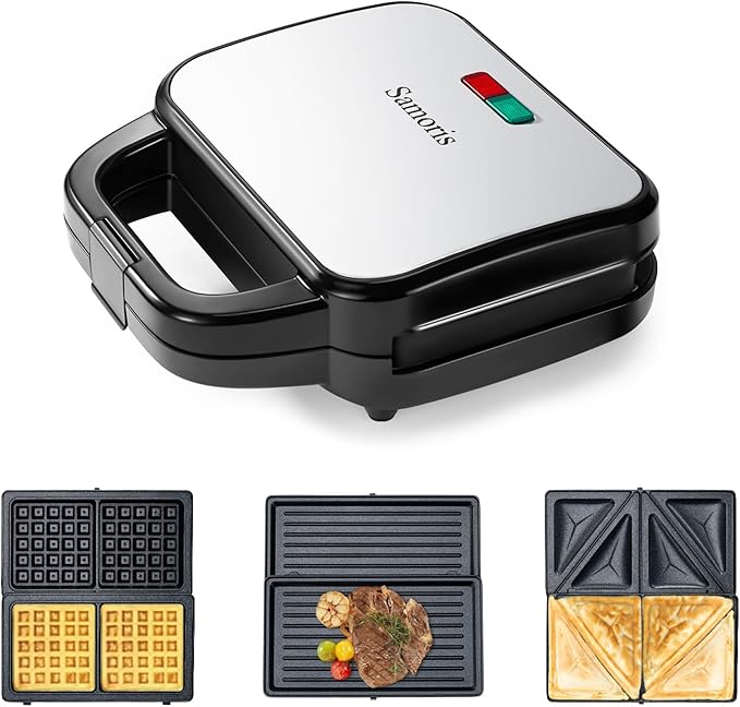 Samoris 3 in 1 Sandwich Maker Indoor Waffle Maker Irons with 6 Slice Non-Stick Removable Plates for Easy Cleanup,Perfect for Cooking Grilled Cheese,Tuna Melts,Burgers and Steaks,870W Black/Silver