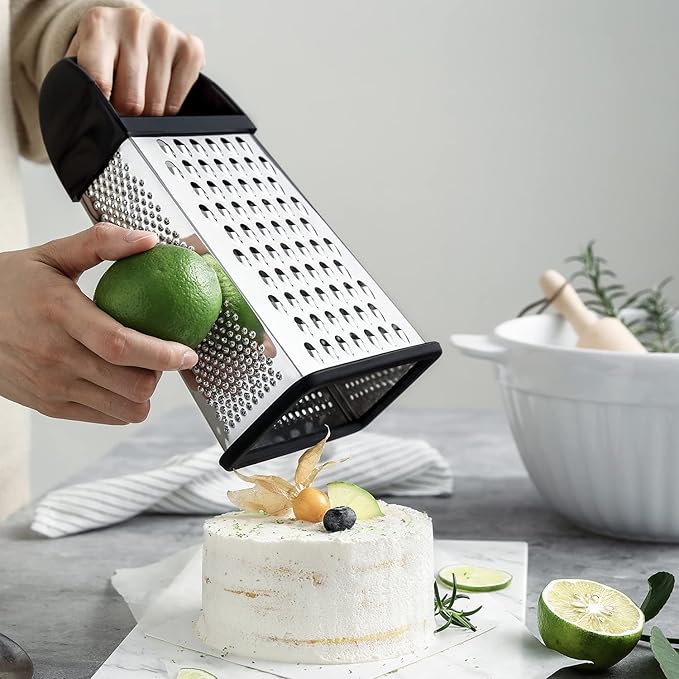 Spring Chef Professional 10" Parmesan Cheese Grater With Container, Stainless Steel & Soft Grip Handle, 4 Sided Kitchen Cheese Shredder, Handheld Box Grater for Vegetables, Potato, Carrot - Black
