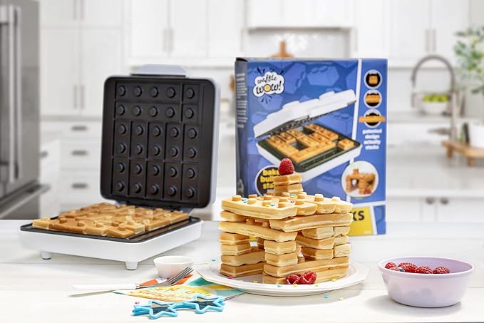 Building Brick Electric Waffle Maker- Cook Fun Buildable Waffles, Pancakes in Minutes- Build Houses, Cars & More Out of Stackable Waffles- Bite Sized for Kids, Nonstick Iron Recipes Included, Fun Gift